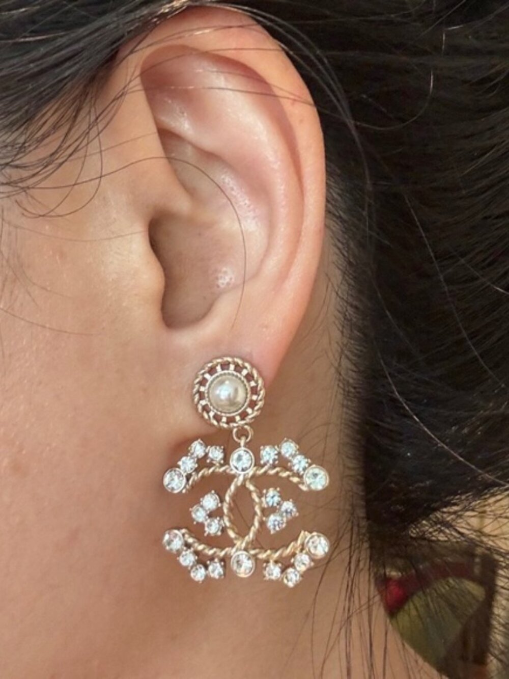Limited Edition Chanel Classic CC Crystal Logo Tree & Pearl Drop Gold Earrings